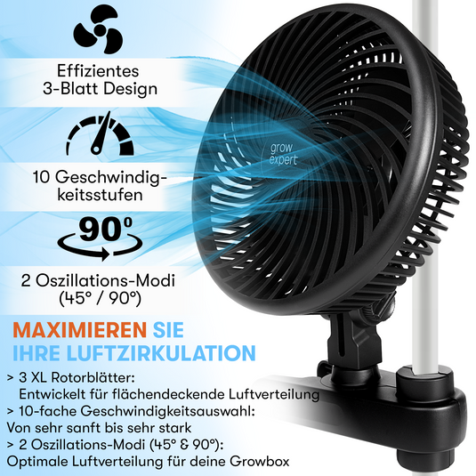 Oszillierender Clip-Ventilator für Grow-Zelte – Leise, energieeffizient & 10 Geschwindigkeitsstufen