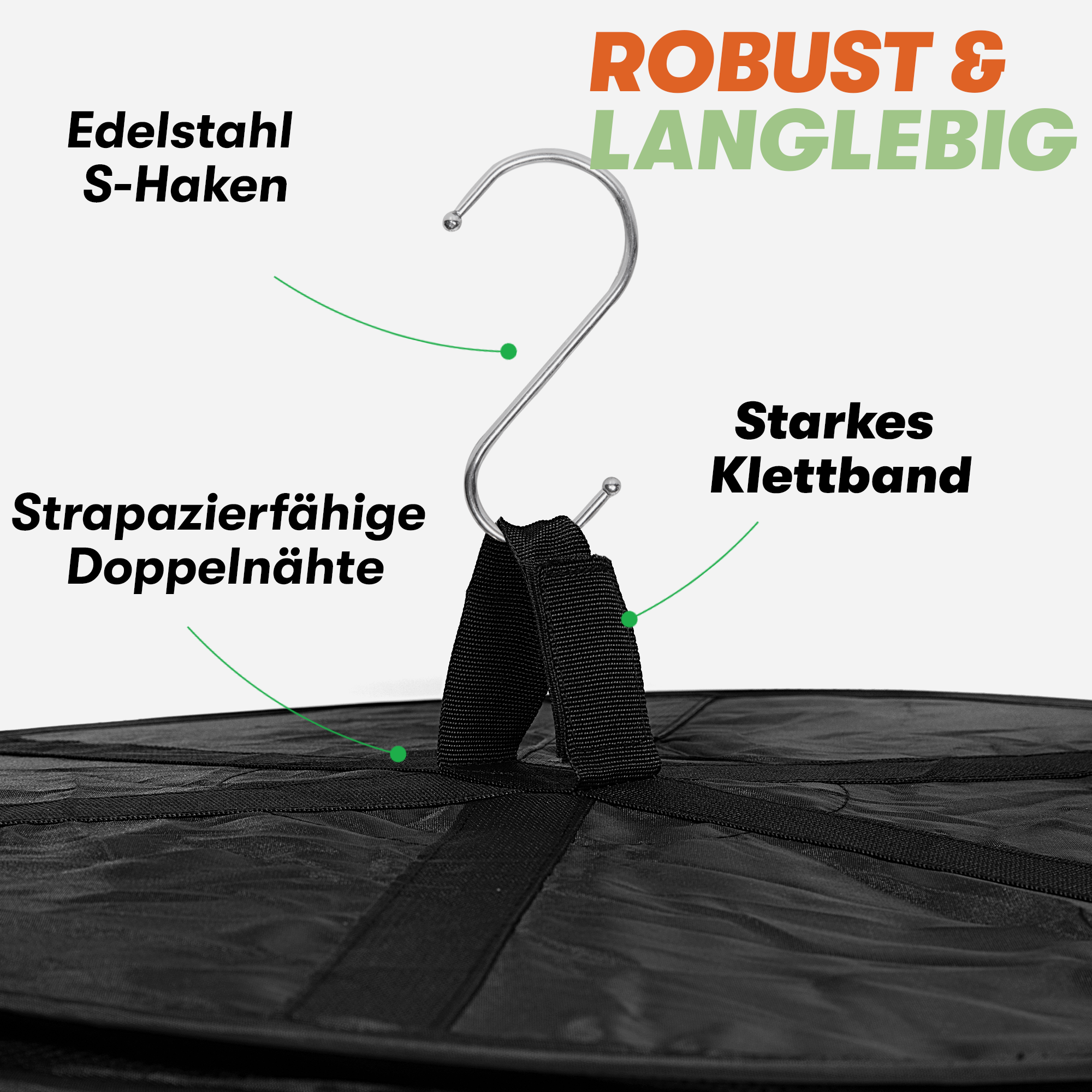 Robuste Aufhängung des Trockennetzes mit Edelstahl-S-Haken, starkem Klettband und strapazierfähigen Nähten